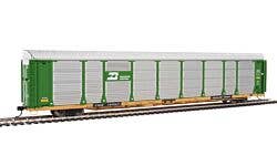 89' Thrall Bi-Level Auto Carrier - Ready To Run -- Burlington Northern Rack, TTGX Flatcar #150517 (green, silver; yellow Flat)