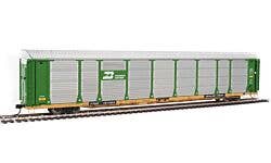 89' Thrall Bi-Level Auto Carrier - Ready To Run -- Burlington Northern Rack, TTGX Flatcar #151004 (green, silver; yellow Flat)