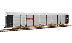 89' Thrall Bi-Level Auto Carrier - Ready To Run -- Canadian Pacific Rack, TTGX Flatcar #973707 (black, silver; yellow Flat)