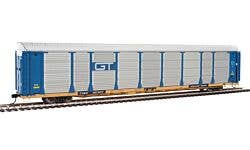 89' Thrall Bi-Level Auto Carrier - Ready To Run -- Grand Trunk Western Rack, TTGX Flatcar #88131/157937 (blue, silver; yellow F
