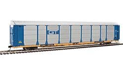 89' Thrall Bi-Level Auto Carrier - Ready To Run -- Grand Trunk Western Rack, TTGX Flatcar #88130/160139 (blue, silver; yellow F