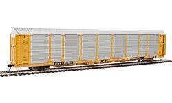 89' Thrall Bi-Level Auto Carrier - Ready To Run -- Milwaukee Road Rack, TTGX Flatcar #910250 (yellow, silver; yellow Flat)