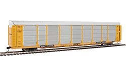 89' Thrall Bi-Level Auto Carrier - Ready To Run -- Milwaukee Road Rack, TTGX Flatcar #910266 (yellow, silver; yellow Flat)