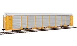 89' Thrall Bi-Level Auto Carrier - Ready To Run -- Milwaukee Road Rack, TTGX Flatcar #910272 (yellow, silver; yellow Flat)