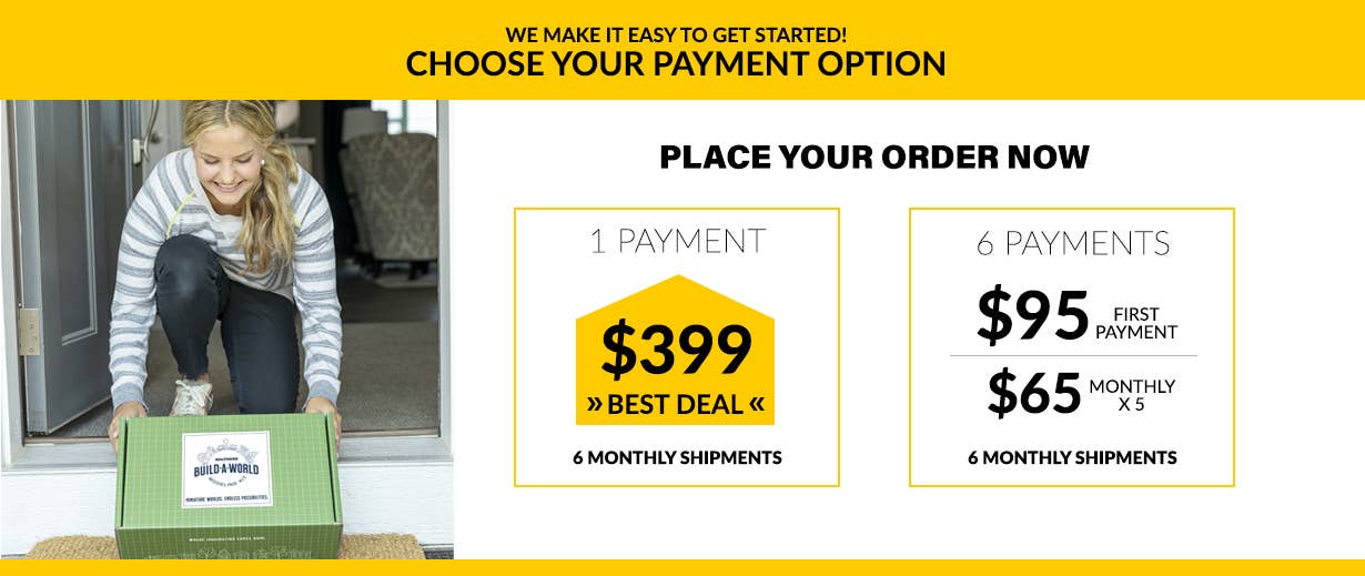 Choose your payment option: 1 payment $399 or 6 payments $95 for the first payment and five payments of $65. Both options are delivered in six monthly shipments.