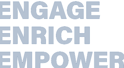 Engage, Enrich, Empower text over blue background