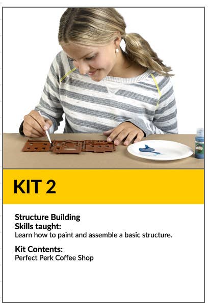 Kit 2: Structure Building. Teaches how to paint and assemble a basic structure. Contains Perfect Perk Coffee Shop