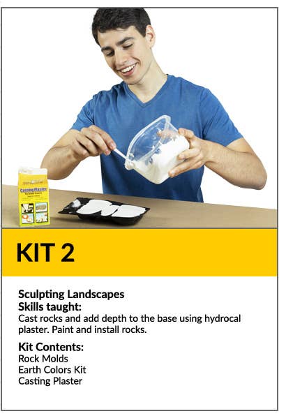 Kit 2: Sculpting landscapes. Cast rocks and add depth to the base using hydrocal plaster. Paint and install rocks. Contains rock molds, earth colors kit, casting plaster