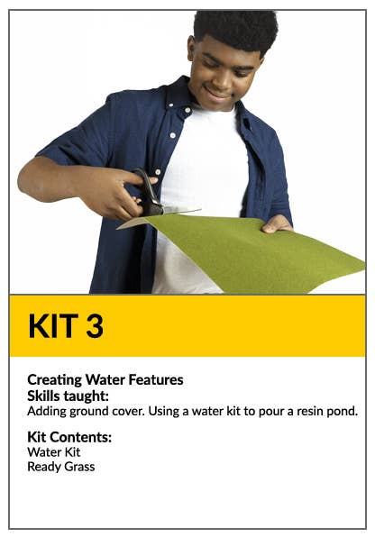 Kit 3: Water Features. Add ground cover, use a water kit to pour a resin pond. Contains water kit, ready grass