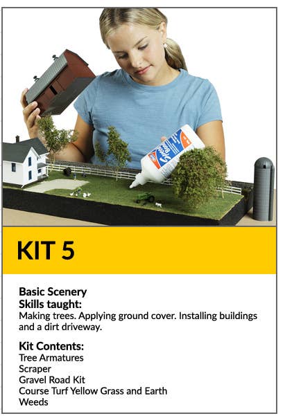 Kit 5: Basic Scenery. Make trees, apply ground cover, install buildings and a dirt driveway. Contains Tree armatures, scraper, gravel road kit, Coarse Turf Yellow Grass and Earth, Weeds