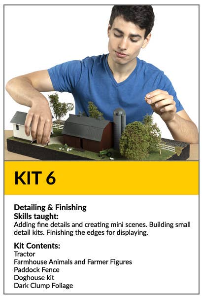 Kit 6: Detailing & Finishing. Learn to add fine details and create mini scenes. Build small detail kits, finish the edges for display. Contains Tractor, farmhouse animals and farmer figures, paddock fence, doghouse kit, dark clump foliage