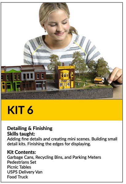 Kit 6: Detailing & Finishing. Learn to add fine details and create mini schenes. Contains pedestrian sets, picnic tables, delivery van, food truck and other details