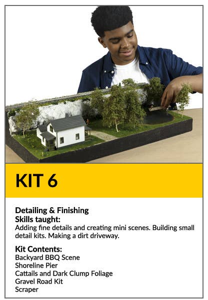 Kit 6: Detailing & Finishing. Learn to add fine details and create mini scenes. Build small detail kits and make a dirt driveway. Contains Backyard BBQ, shoreline pier, cattails and dark clump foliage, gravel road kit, scraper