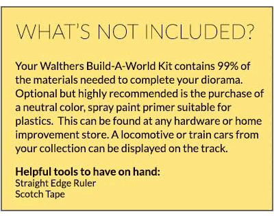 What's not included? Your Build-A-World Kit contains 99% of the materials needed to complete your diorama. Optional but recommended is a neutral spray primer. Helpful to have on hand: straight edge ruler and Scotch Tape